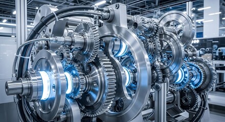 Intricate polished metal machinery with glowing blue illuminated components and complex engineering