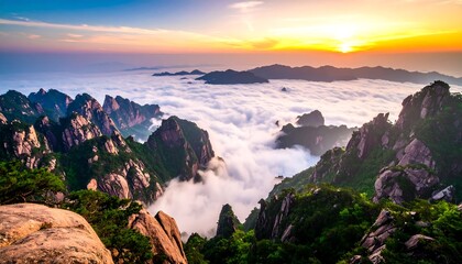 Sunrise over a mountain valley shrouded in clouds