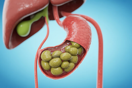 3d medical rendering of gallbladder with gallstones inside showing detailed anatomy of bile duct liver connection and common gallstone disease for clinical education