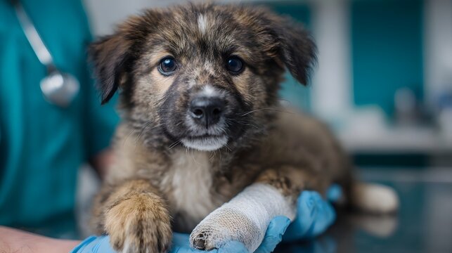 A caring veterinarian gently examines a cute puppy with a bandaged paw providing comfort during a medical checkup in a bright clinic setting