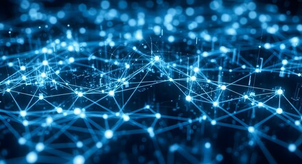 Abstract glowing blue network of interconnected nodes and lines representing digital data flow and connectivity