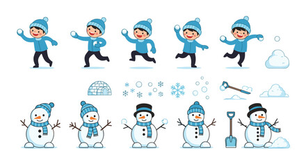 Delightful winter characters and snowy fun illustrations capturing joyful children and adorable snowmen engaged in seasonal activities creating a festive atmosphere