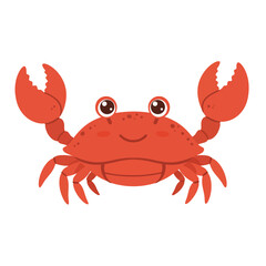 A cheerful cartoon red crab with big eyes and raised claws against a white background