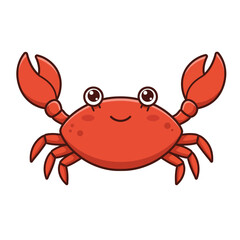 Cute cartoon red crab with big eyes and raised claws smiling happily on a white background