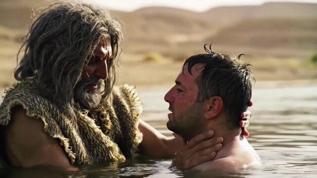 John the Baptist Wearing Traditional Camel Hair Garment Baptising Young Man in Jordan River, Biblical Scene Religious Historical Depiction
