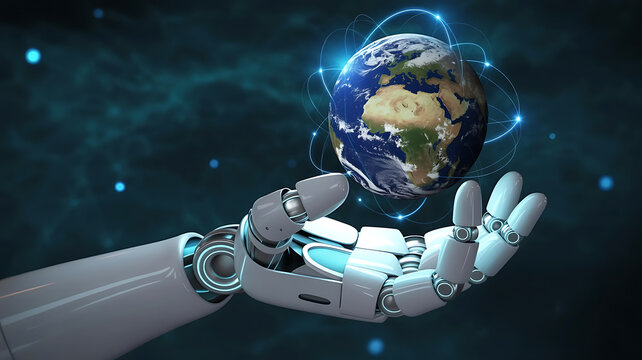 A stylized, robotic hand holds a glowing earth, representing artificial intelligence and technology.