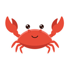 Cute cartoon red crab with big claws and happy smiling face isolated on white background