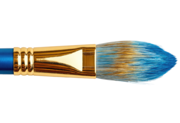 Close-up of a paintbrush tip, blue and gold,  showing bristles