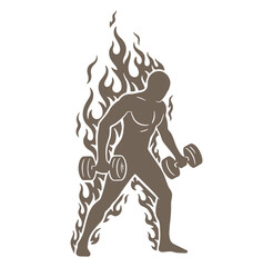 Fototapeta premium Silhouette of a muscular man lifting dumbbells with fiery flames surrounding his body