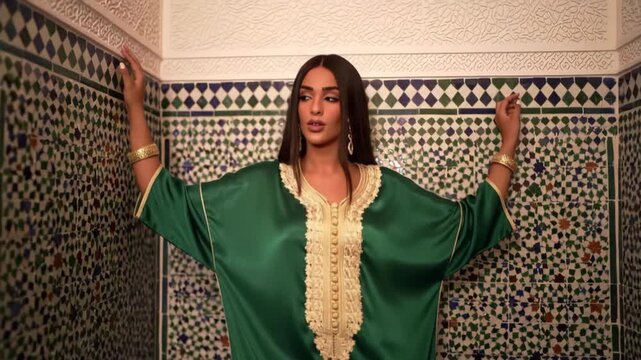 Young Female Moroccan Model in Luxurious Traditional Kaftan Robe Posing Elegantly Against Intricate Handcrafted Islamic Zellige Mosaic Tile Pattern, Cultural Fashion