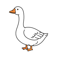 Simple cartoon illustration of a white goose standing gracefully with an orange beak and feet on a white background