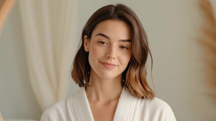 A woman in a bathrobe smiling in front of a round mirror.