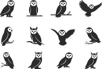 Owl bird silhouettes collection, perched flying owls on branches, nocturnal wildlife vector set, nature animals flat style illustration, owl icons