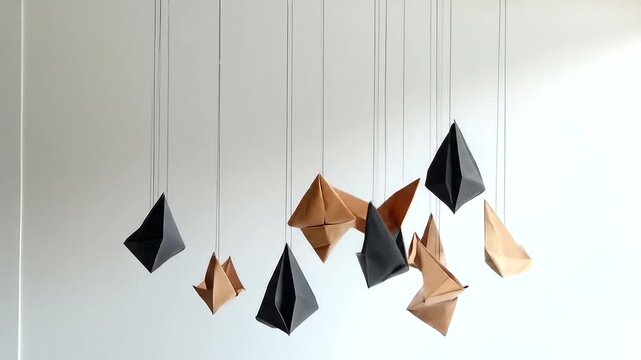 A collection of origami paper boats, black and tan, hanging from strings against a white wall.