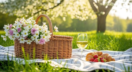 Beautiful Spring Picnic Scene With Flowers Food and Wine