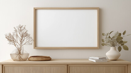 light brown wooden frame, hanging on a clean ivory wall, minimal modern interior, soft neutral tones, minimalist mock up