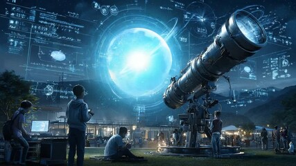 Astronomy STEM students exploring galaxy in virtual learning classroom – Video 4K UHD 60fps - Powered by Adobe