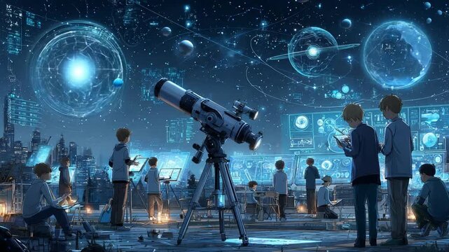 Astronomy education students observing galaxy holographic globe – Video 4K UHD 60fps - Powered by Adobe