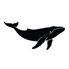 Black silhouette of a whale swimming on a white background