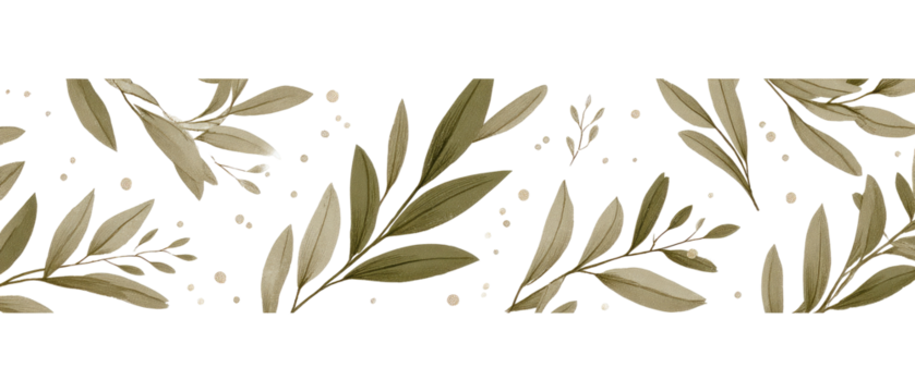 Horizontal border of muted olive-gray leaves and small white flowers - Powered by Adobe