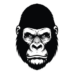 Detailed black and white illustration of a gorilla's face on a plain background