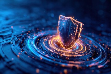 A glowing digital shield surrounded by vibrant particles, symbolizing cybersecurity and protection in a futuristic environment.