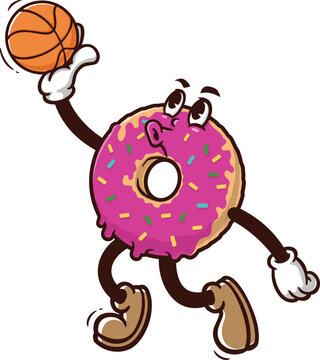 Donuts mascot cartoon playing slam dunk basketball