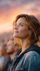 Fototapeta premium Woman Looking at Sunrise with Hopeful Expression