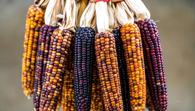 Colorful dried corn cobs hanging
