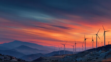 Majestic Wind Turbines Against Stunning Twilight Sky Over Mountains