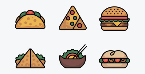 Delicious food icons showcasing taco pizza burger wrap salad and sandwich on a clean white background perfect for restaurant menus and food related designs