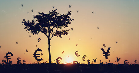 Obraz premium Financial Growth Concept: Tree Silhouette with Falling Currency Symbols at Sunset