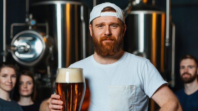 Skilled Brewer Holding Large Beer Glass in Brewery with Friends in Background, Craft Brewing Scene