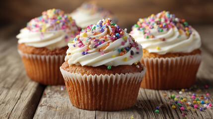Cupcakes with buttercream frosting and sprinkles, rustic wooden table