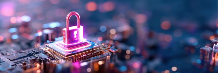 A vibrant digital illustration of a padlock symbolizing cybersecurity on a circuit board with glowing elements and a futuristic aesthetic.