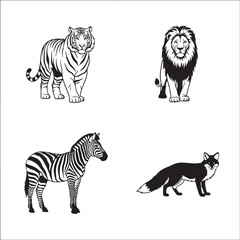 Obraz premium Variety of wild animals featuring a lion tiger zebra and fox in black and white