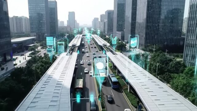 A futuristic cityscape showcases elevated transportation systems amidst towering structures, highlighting technological advancements and modern infrastructure.