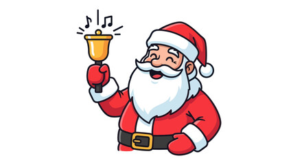 Jolly cartoon Santa Claus character in a red suit ringing a golden Christmas handbell.