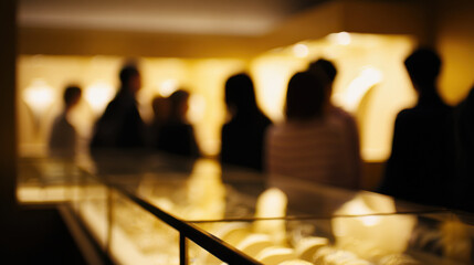 Gold price surge attracts crowd in jewelry store with warm lighting and blurred background