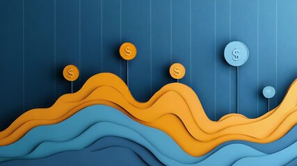 Dollar coins hanging over an abstract paper cutout landscape representing financial data - Powered by Adobe