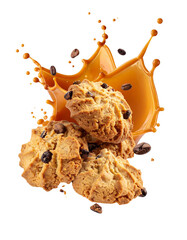 Gingerbread Cookies with Caramel Splash on Transparent Background, Floating in Air