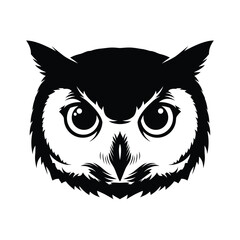 Black and white illustration of an owl's face with large eyes on a plain background