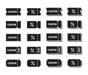 シンプルなクーポンチケットアイコンのセット　ベクター素材　ブラック

