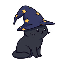 Whimsical Black Cat Wizard with Starry Hat - Cute Cartoon Illustration