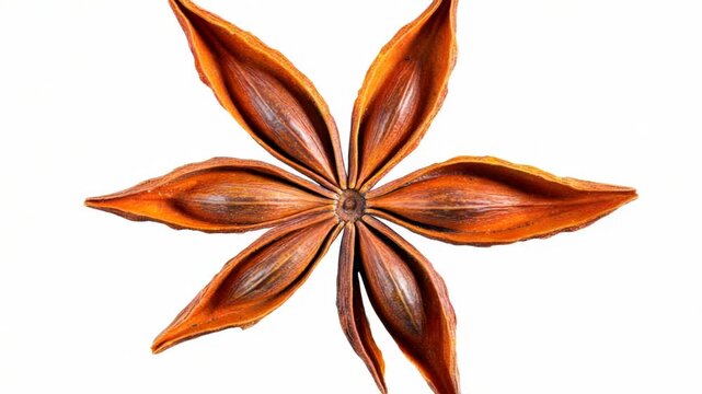A single orange star anise flower against a pure white background, great for food or botanical illustrations