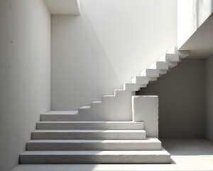 A minimalist architectural scene of white concrete stairs in a bright room, with clean, bright light creating strong lines and shadows