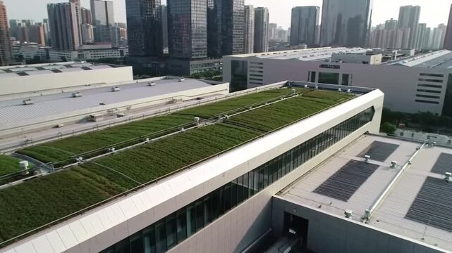 An elevated perspective showcases a modern architectural complex, featuring expansive green rooftops and sleek, contemporary building designs under a bright sky.