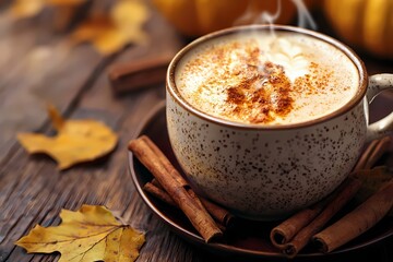 Warm spiced pumpkin latte autumn s comforting embrace steaming mug on rustic wood cinnamon sticks fall leaves