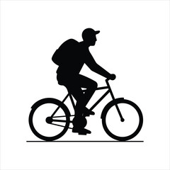 Silhouette of a person riding a bicycle with a backpack on a plain background