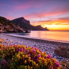 Sunrise over a pebble beach with vibrant flowers
